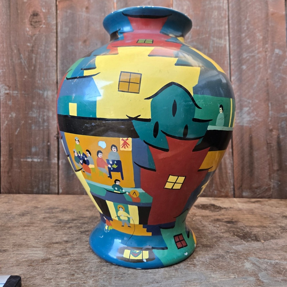 Chinese Hand-Painted Ceramic Vase Urn Folk Art Village Multicolor Decorative